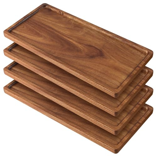 MUKCHAP 4 Pack Wood Serving Platters, 17 x 8 x 0.78 inch Rectangle Large Wooden Serving Tray for Fruit, Dessert, Food, Snack