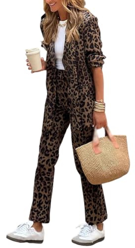 Minetom Tailleur Femme Ensemble Pantalon 2 Pièces Elegant Manche Longue Imprimé Léopard Blazer Veste Bureau Travail Costume Outfit A Kaki L