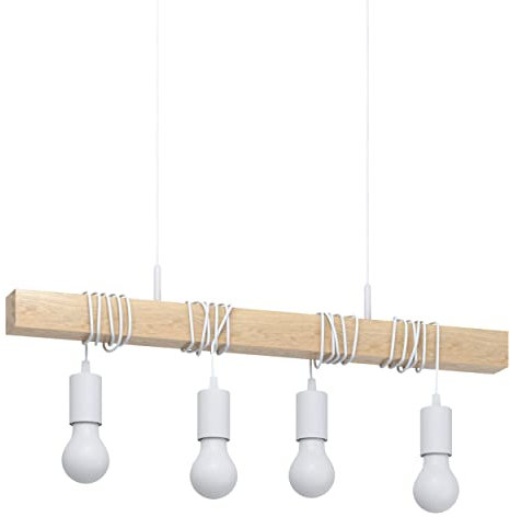 EGLO Pendellampe Townshend, 4 flammige Vintage Pendelleuchte im Industrial Design, Retro Hängelampe aus Stahl und Holz, Farbe: Weiß, braun, Fassung: E27