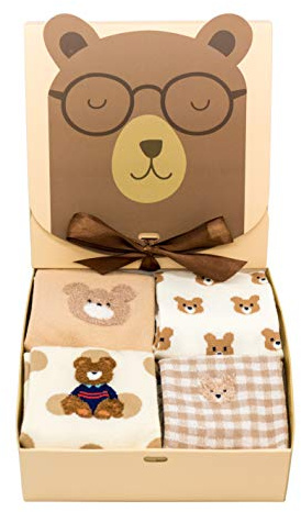 Caramella Caja de calcetines para mujeres y niñas 4 pares de calcetines de regalo coloridos y divertidos, oso de peluche, 35-40