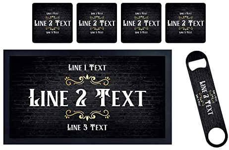 ShopQuality4U Personalised Bar Gift Set – Custom Home Pub Accessories (Bar Runner + Coasters + Bottle Opener) for Him, Dad, Man Cave, Home Bar