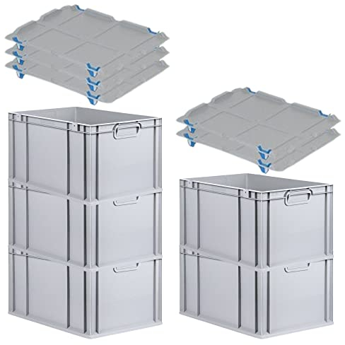 PROREGAL SparSet 5x Eurobox NextGen Grip mit Auflagedeckel & 4 blauen Schiebeschnappverschlüssen, HxBxT 32x40x60cm, 65 L, Grau, Griffe geschlossen, Eurobehälter, Transportbox