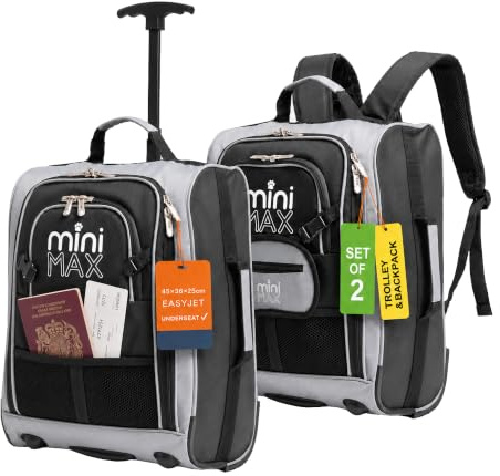 MiniMax Kids Travel Carry On Hand Cabin Luggage Suitcase Trolley Backpack Bag with 2 Wheels with Front Pocket for Toys/Dolls/Teddy Bears, Set of 2, Black