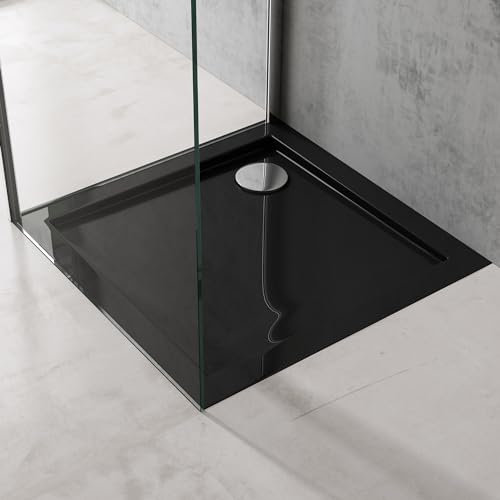 doporro Plato de ducha para mamparas de ducha Faro1W 70x70x4 plano acrílico en negro conexiones DIN cuadradas apto para instalación a ras de suelo Faro1