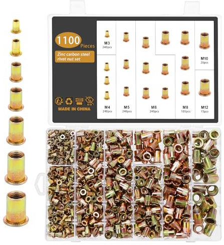 Gueenky 1100 Pièces Écrou à Rivet Assortiment, M3 M4 M5 M6 M8 M10 M12 Écrous à Riveter Fileter en Acier Carbone Zingué, 7 Tailles Écrou à Rivet Fileté à Tête Plate Rivet Inserts Filetés