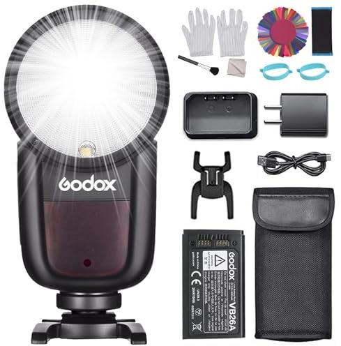 Godox V1F Rundkopf-On-Camera-Blitz 2.4G Wireless 1/8000S HSS Blitzgerät + Beleuchtungsfilter Farbkorrekturfilter-Kit für Fujifilm Kameras