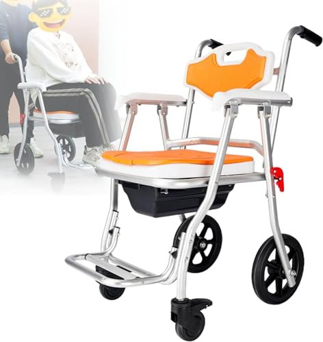 Sedia Da Doccia Pieghevole Con Rotelle,Sedia WC Con Rotelle Per Anziani,Sedia Da Toilette Mobile Con Freno E Vasino,Sgabello Bagno Doccia,Impermeabile E Antiscivolo,Carico 150 Kg