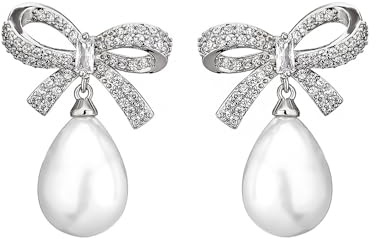 TTPSRY Boucles D'oreilles Nœud Papillon Cristal Perle Pendantes Bijoux Femme Élégantes Strass Brillant Argent