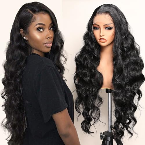 SOKU Perruque Synthétique de haute qualité Ondulée Longue Noire 81cm 13x6 Dentelle frontale avec Baby Hair pour Femme Naturelle