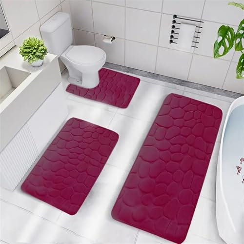 BESTORI Badematte Sets 3 Stück rutschfest Waschbar Badezimmerteppich Weicher Memory Foam Badteppich Wasserabsorbierend Rot