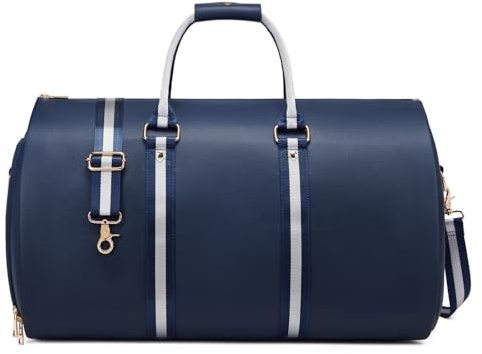 Borsa porta abiti in pelle da viaggio, convertibile da uomo, 2 in 1, impermeabile, pieghevole, borsa da viaggio con tracolla, borsa da weekend con custodia per scarpe, Pelle-Blu, 20 * 11.5 * 12 inch