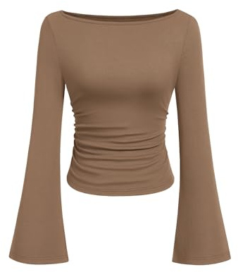 PRETTYGARDEN Womens Bell Long Sleeve Ribbed Knit Tops,Light Brown,M