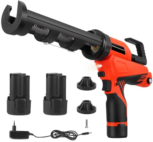 HIUYRFS Pistola per Silicone a Batteria con 2 batterie e luce LED, regolazione continua della velocità (0-7,5 mm/s), per cartucce da 300 ml per calafataggio e sigillatura