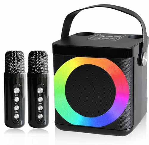 DIRU Karaoke Profesional con 2 Micrófonos Inalámbricos, Altavoz Portátil Bluetooth con Luces LED, Karaoke Infantil y Adultos para Fiestas y Casa