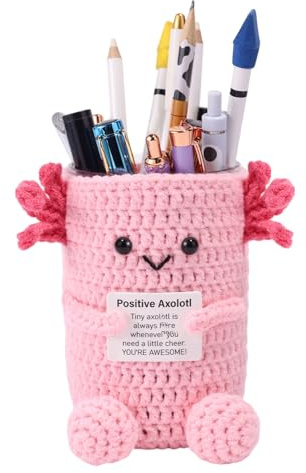 Lyreh Crochet Axolotl Pen Holder, Positive Animal Holder with Encouragement Card Cute Pencil Case Pouch Accessories Back to School Supplies for Boosting Student Motivation & Organize Desk (Pink)