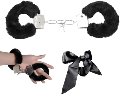 Metal Handcuffs with Keys, Handcuff Blindfold Set with Satin Eye Blindfold,Fluffy Handcuffs for Cosplay Costume Props Accessories