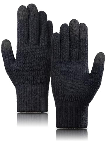 TRENDOUX Gants Tactile Homme Femme Laine Mérinos, Gants Thermiques Tricotés Hiver, Chaud Doux Respirant Élastique pour Conduite Running Smartphone - Noir XL