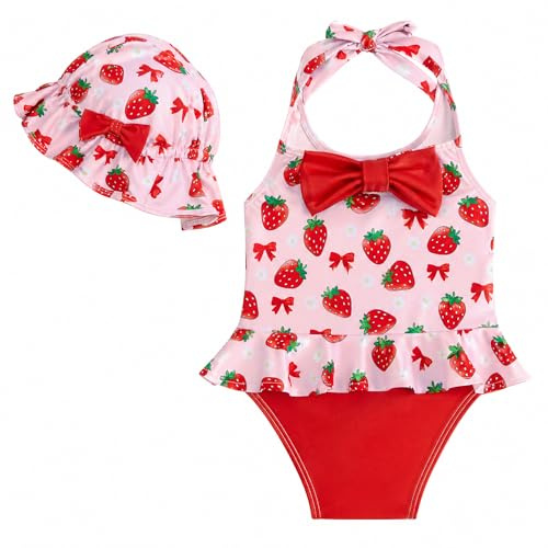 JiAmy Costume da bagno per bambina con cappello da sole, costume da bagno per bambini, con volant e fiocco, per bambini da 0 a 24 mesi, Fragola rossa, 12-18 Mesi