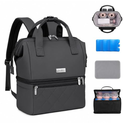 Sac à main portable pour tire-lait avec compartiment isotherme, sac de pompage à double couche avec pack de glace, sac isotherme de transport pour lait maternel avec tapis imperméable, convient pour 6