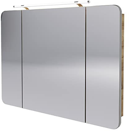 FACKELMANN Milano Spiegelschrank mit LED-Beleuchtung – Alibertschrank 3-türig fürs Badezimmer (110 cm x 78 cm x 15,5 cm) – Badschrank mit Spiegelfläche in Holz braun
