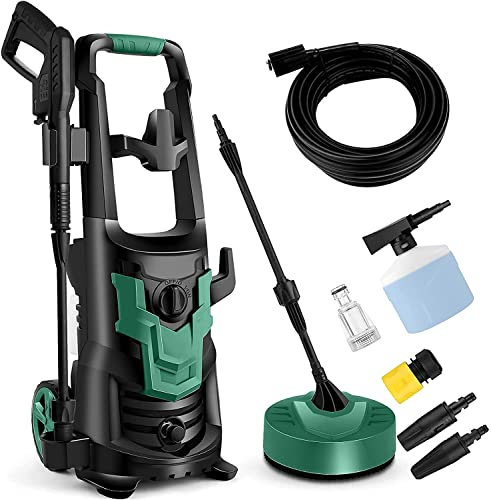 COOCHEER Hochdruckreiniger Druck:Max.150 bar,Fördermenge: 450 l/h,1700w,mit 3-in-1-Düse,5m Kabel,5m Schlauch,Wasserfilter,Hochdruckpistole für Autos/Zäune/Garten/Patios/Pool,Grün