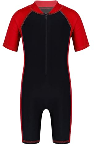 Kaerm Mädchen Junge Shorty Neoprenanzug Kinder Schwimmanzug Neopren Kurzarm Tauchanzug Einteiler Badeanzug Wetsuit Mit Reißverschluss für Wassersport Rot &Schwarz 146-152