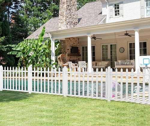 Windscreen4less 1 Set 84W x 36H Vinyl Picket Fence Panels with Ground Spike Decorative PVC Barrier Fencing for Porch Patio Front Door Yard Garden Pool with 20 Pickets (Straight)