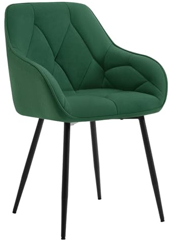 WOLTU Chaise de Salle à Manger, Chaise de Cuisine Rembourrée avec Dossier, Accoudoirs, Pieds en Métal, pour Salon, Bureau, Coiffeuse, en Velours, Vert foncé, EZS02dgn-1