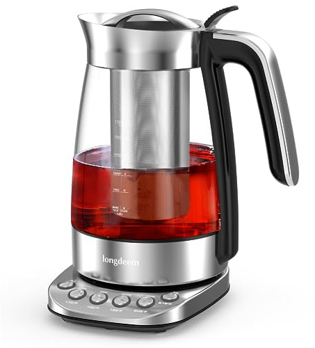 LONGDEEM Glas - Teekocher mit einstellbarer Temperatur, Brauzeit, 6 Programmen, Wärmhaltefunktion, 1,7l Fassungsvermögen, 2200w Edelstahl