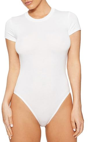 SHEKINI Body för kvinnor, kortärmad bodysuit, formande kläder, magkontroll, med rund hals, topp, ogenomskinlig, figurformande body, shaper, t-shirt, tanga