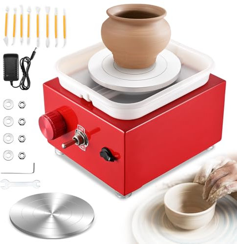 Töpferscheibe, Kooeuru Töpferscheibe Elektrisch 2000 U/min Einstellbare Geschwindigkeit, Pottery Wheel mit 10/6,5 cm Großen Platten, Formwerkzeugen, Töpferscheibe Kinder und Erwachsene (Rot)