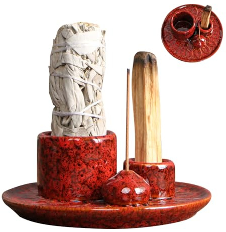 Cuenco de incienso de cerámica 4 en 1 para palo santo cada incienso, incienso de salvia blanca, varillas de incienso y portavelas, bandeja de cerámica para yoga/meditación (rojo)