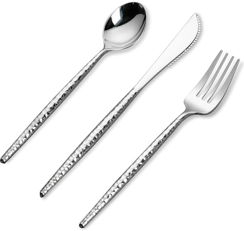 Rubtlamp 90Pcs Silver Plastic Silverware, Hammered Disposable Silverware,Silver Plastic Forks And Spoons, Fancy Plastic Cultery Include 30 Forks, 30 Knives And 30 Spoons for Party