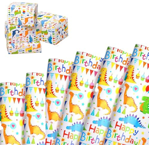 WUSJCOF 6 Hojas Papel de Regalo para Niños, Reutilizable, Cumpleaños, Envoltura de Regalo para Fiestas de Cumpleaños, Decoración de Fiesta para Niños y Niñas (70 x 50 cm) (Dinosaurios)