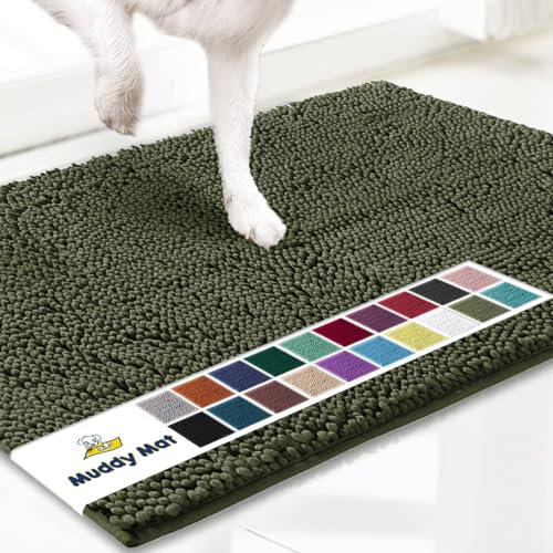 Muddy Mat® Original Dog Door Mat for Muddy Paws, Super Absorbent Microfiber, Non-Slip Washable Pet Rug, Quick Dry Chenille Entryway Carpet, Machine Washable Indoor Outdoor mat, Army Green 24x35