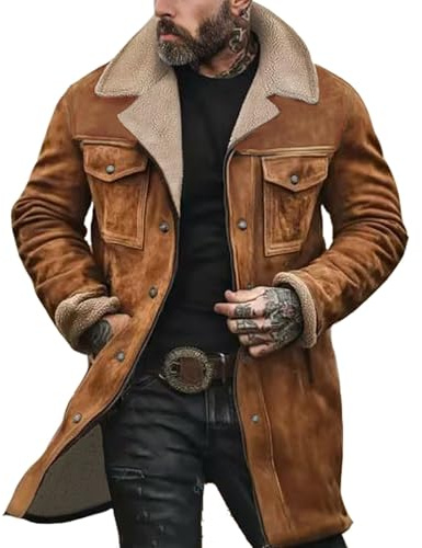 Giubbotto Invernale Uomo Giacca Vintage in Pelle Scamosciata Colletto rovesciato Giubbino Giacchetto Foderata in Pile Caldo Lavoro Cappotto Con Bottone e Tasche Manica Lunga Sherpa Termica Morbido