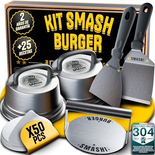 SMASHI® Smash Burger Kit de pièces Professionnelles en Acier Inoxydable 304 certifié EU Contact Alimentaire | Presse Smash Burger Anti-adhésif | Le véritable kit Smash Burger (Professionnel)