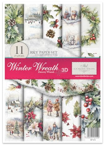ITD Collection - Reispapier Decopatch - Decoupage Papier - Motivpapier für Serviettentechnik - Rice Paper Sheets - A4 29,7 x 21 cm - Winter Wreath - RP-073