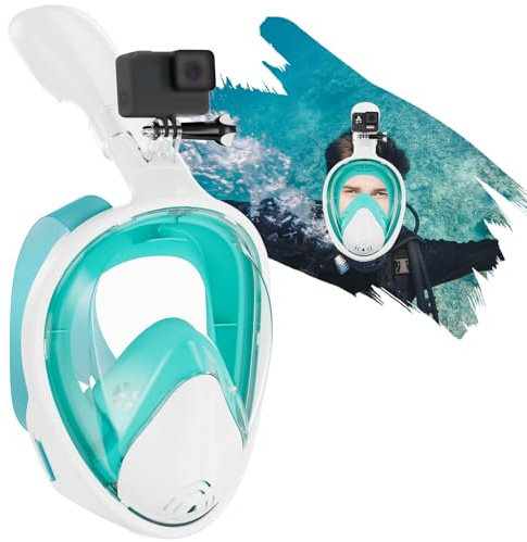 Maschera Snorkeling per Adulti, Maschera Integrale Snorkeling a 180° / Sicurezza CO2, Tecnologia Antiappannamento e Antiperdita con Fascia Regolabile, Compatibile con Fotocamere Sportive (Verde, L/X)