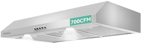 Kendraja 36 Inch Under Cabinet Range Hood | 700 CFM Stainless Steel | Convertible Ducted/Ductless | Washable Grease Filters | 3 Speed Fan | LED Lighting | Includes Charcoal Filters