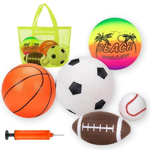 Vernerth Balls for Toddlers 1-3 – 5PCS Inflatable Sports Ball Set with Storage Bag & Pump, Includes Football, Basketball, Soccer, Baseball, Volleyball, Toddler Ball Toys for Indoor & Outdoor Play
