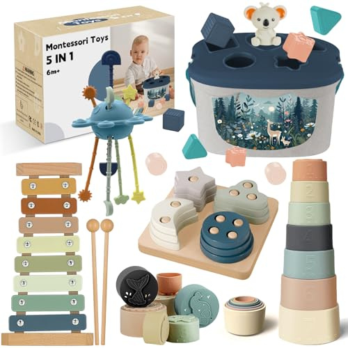Almaxi Baby Spielzeug ab 6 Monate,5 in 1 Montessori Spielzeug Baby,Motorikspielzeug mit Formensortier- und Stapelspielzeug,Xylophon,Silikon Zugschnur Spielzeug,Stapelbecher,Geschenk Junge Mädchen