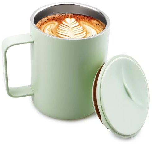 WIYETY Tazza da caffè da 400 ml: a doppia parete termica sottovuoto in acciaio inossidabile, tazza per caffè e tè, con manico e coperchio scorrevole, senza BPA, tazza da tè in acciaio inossidabile 316