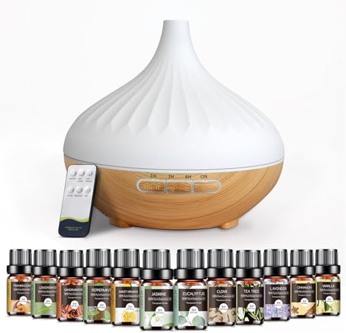 Aeshory Humidificador Difusor Aceites Esenciales 500ml, Difusor de Aromas Ultrasónico con 12 X 5ml Aceite Esenciale, Ambientadores de Hogar con Temporizador hasta 6 Horas, 7 Colores LED- Madera