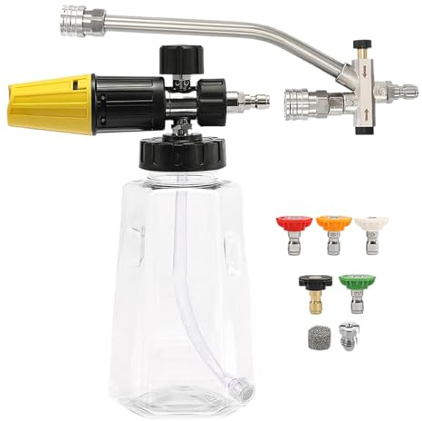 Cannone Schiumogeno, Spruzzatore Schiumogeno per Lavaggio Auto, Dispenser Sapone Con 5 Ugelli Capacità 1000ml Attacco Rapido Per Pulizia Giardino Casa Autocaravan Cortile Viale