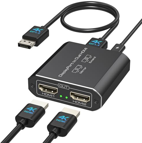 JCYMELE 4K@60Hz Displayport to Dual HDMI Splitter Extended for Double Screen Display Port to 2 HDMI Adapter for Computer Graphics Cards Support MST & SST Mode