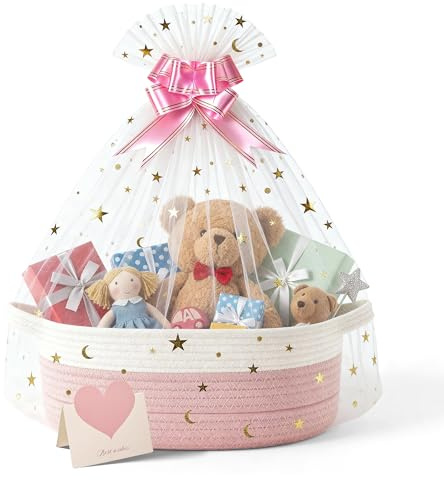 Cesta de regalo vacía, cesta para regalos, cesta de regalo con tarjeta de felicitación y lazo, cesta de regalo vacía para baby shower, cumpleaños, bodas, Pascua, Acción de Gracias, Navidad