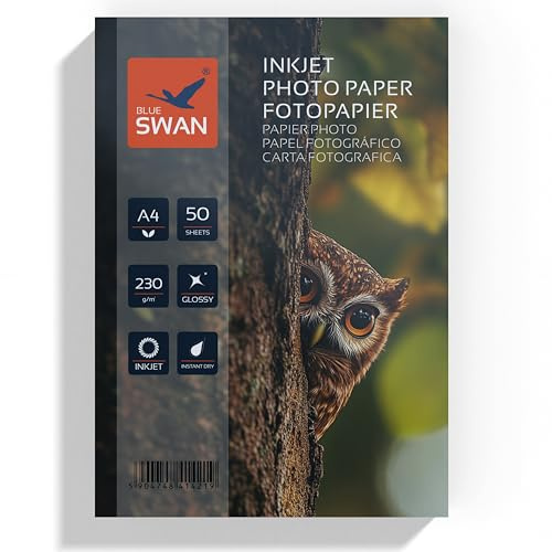 BLUE SWAN Carta Fotografica Lucida A4, 230 g/m² Extra Spessa, 50 Fogli – Bianco Lucido, Asciugatura Rapida, Resistente all’Acqua e ai Graffi, Compatibile con Stampanti Inkjet