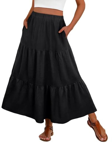 PrinStory Summer Maxi Skirts for Women Elasticated Waist Boho Flowy A Line Ladies Long Beach Skirt with Pocket