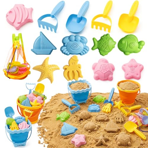 LADFAR Beach Sand Toys Set for Toddlers, Portable Travel Beach Toys with Collapsible Bucket, Shovel, Rake, Molds & Mesh Storage Bag for Kids, Summer Gift (Sunset Orange + Ocean Blue)